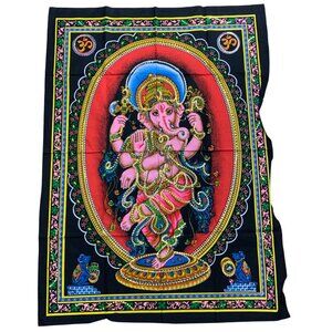 Vintage Hindu Lord Ganesha Tapestry Wall Hanging Poster Sequins Accents
